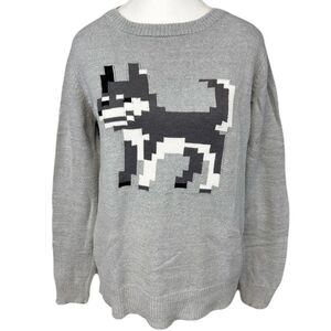 Pixel Dog Pullover Gray Knit Sweater Husky Animal Cotton Blend Large